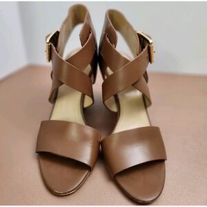 Michael Kors Luggage Tan Leather Adriana Wedge Thick Strappy Buckle Sandal 9M